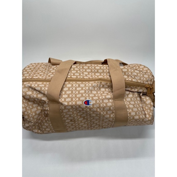 Champion Duffle Bag Beige Allover Print Logo Gym Travel Carry On - Picture 3 of 10